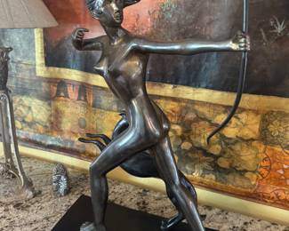 French Bronze Art Deco - Diana Artemis Goddess - Greyhound Hunt Sculpture