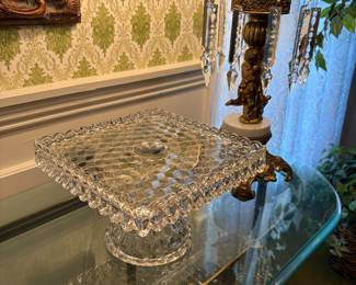 Fostoria American Square Pedestal Cake Stand Salver with Rum Well