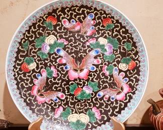 Vintage Chinoiserie Large 14" Butterflies Floral Round Platter Centerpiece Ceramic Dish