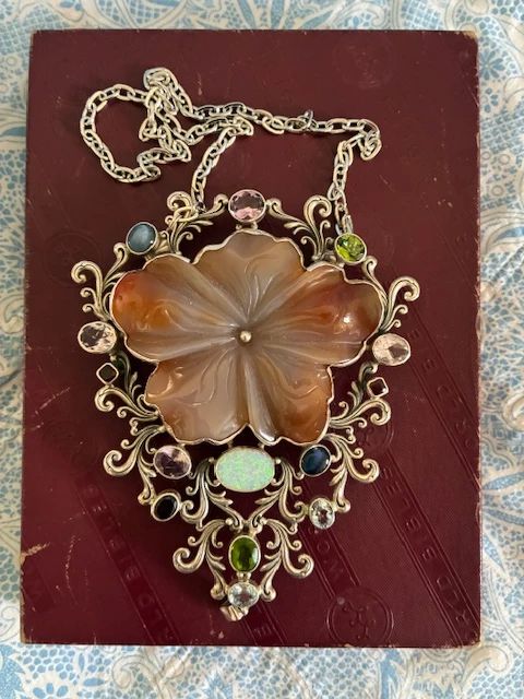 Carved Carnelian & assorted Gemstones in Silver large necklace