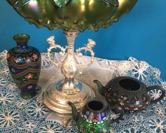 Carnival glass compote on ornate silverplated base & antique cloisonne