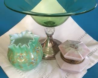 Pairpoint large compote with sterling base & Wavecrest bow with original silk lining  Pairpoint SOLD