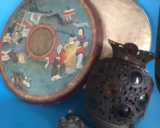 Brass gongs & Moroccan jeweled brass pendant lamp