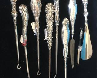 Sterling handle button hooks, shoe horn & file