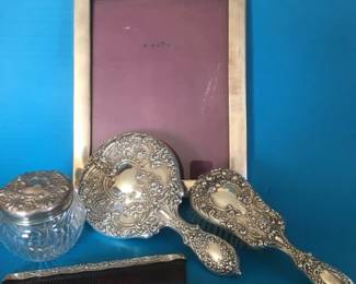 Sterling dresser set & frame