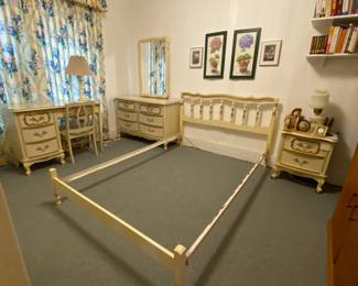 PRE-SALE ITEM!  FRENCH PROVENCIAL BEDROOM SUIT.  $600.  Call 478-455-0137 to purchase now!  Set is over 50 years old but is in very good condition for it's age.  Full size bed frame with headboard, night stand, dresser with mirror, desk with chair and chest.
