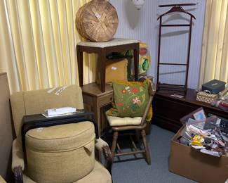 Vintage everything!  Rocking chair.  Ottoman.  Desk with chair.  Pillows.  Butler.  Chest.  Lamp......