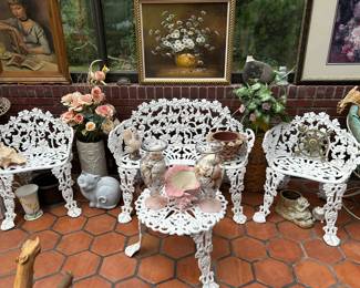 Cast Iron Garden Settee, Chairs, and Table