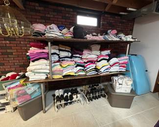 Sweatshirts, t-shirts, hats and more.  Majority of items are new.  Great for embroidery projects or just to wear.