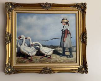 This is a painting titled "Girl with Geese" by the artist W. Hampton. It is an oil on canvas painting that depicts a young girl wearing a hat and a dress, holding a stick, and herding a group of geese.
