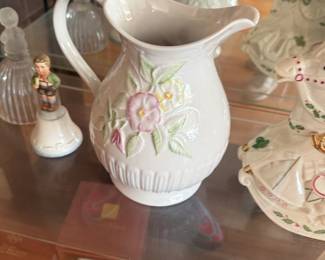 Belleck Irish Flax pitcher, a handcrafted floral Parian china piece