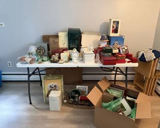 Table full of new ornaments, Belleck, Lenoxx box of picture frame and other items