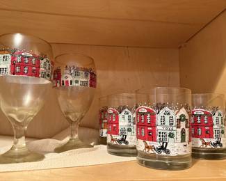 Libbey Winter Village Christmas Street Scene goblets and glasses