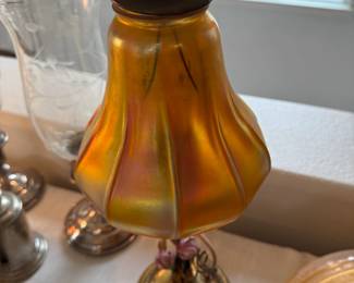 Another gorgeous bronze base with removable enamel floral piece and gorgeous iridescent shade