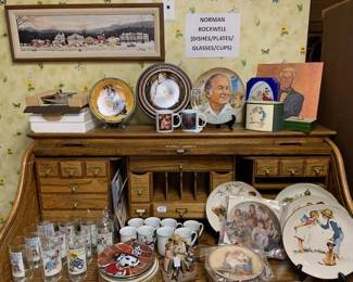 Collectible hanging plates, Norman Rockwell glasses and plates, Christian collectibles, mugs, figurines, clown collectibles. Super excellent condition stored to perfection. Two floors of goods, including a garage and a full room of Christmas! Kitchen, servingware, and so much to look at organized for your shopping pleasure! 