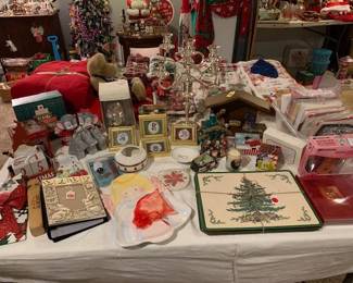 Christmas decor galore! Spode, angels, Santa, St. Nick, holiday napkins, placemats, tablecloths, and so much more!