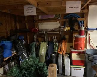 Camping and outdoor equipment as well as coolers and fans, both vintage and new or used in excellent condition. 