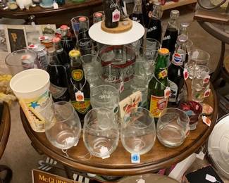 McGuire Sisters vinyl record. Unopened collectible soda bottles including Pepsi and Cheerwine. Lots of glassware for the collector! 