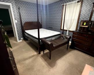 Wooden bedroom set 4-poster bed with dressers and drawers. Excellent condition and ready to move! Jewelry boxes and other bedroom furniture available.
