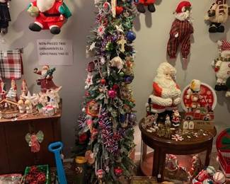 Ornaments, Santas of all kinds, new toys, vintage toys, perfect for gifting and for the collector.  