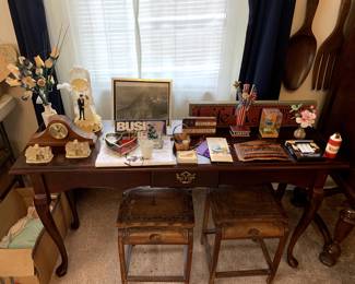Stools, tables, clocks, wedding cake toppers, 4th of July decor, cigarette collectibles, vintage political signs and stickers, flags, flowers, floral arrangements, large spoon and fork wall decor, Christian collectibles, curio cabinets, china cabinets, and more all in excellent condition.