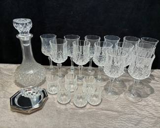 Crystal Stemware, Decanter And Silverplate Coasters