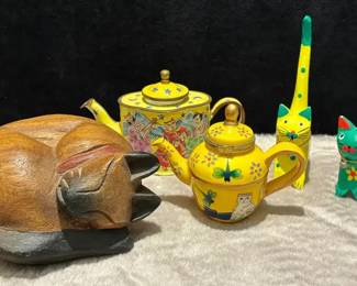 Carved Wooden Cat, Enamel Mini Teapot And More