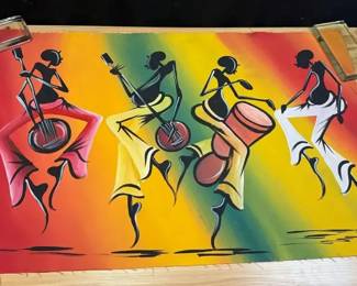 Artist Signed African Art Depicting Musicians and Dancers