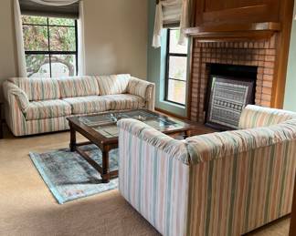 Southwest Style Sofa and Loveseat, Area Rug, Coffee Table w/ Inlaid Leaded Glass, End Table w/ Inlaid Leaded Glass, Art