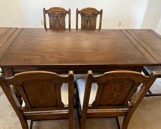 1920's Spanish Oak Dining Set Table w 5 Side Chairs, 1 Arm Chair and Extensions