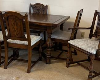 1920's Spanish Oak Dining Set Table w 5 Side Chairs, 1 Arm Chair and Extensions