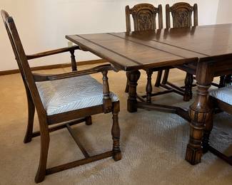 1920's Spanish Oak Dining Set Table w 5 Side Chairs, 1 Arm Chair and Extensions