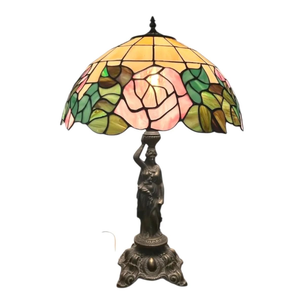 001 TiffanyStyle Table Lamp w Rose Pattern  Figural Base