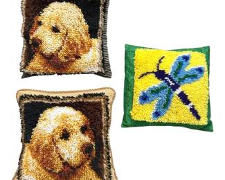 Three Latch Hook Pillows Two Golden Retrievers  One Dragonfly