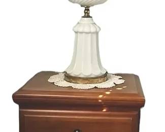 Vintage Wooden Nightstand Milk Glass Table Lamp