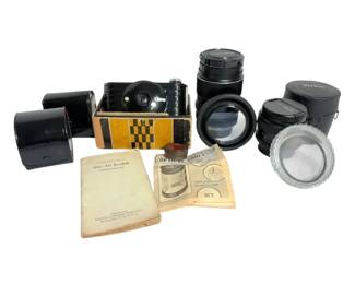 Vintage Kodak Bullet Camera, Minolta Lenses, And Other Vintage Camera Accessories