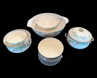 Pfaltzgraff Garden Party Enamel Bowls, Strainer, Pot,  Plastic Mixing Bowl 