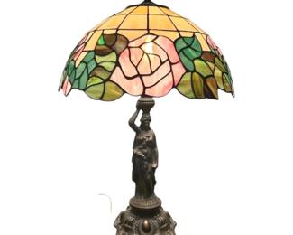 001 TiffanyStyle Table Lamp w Rose Pattern Figural Base