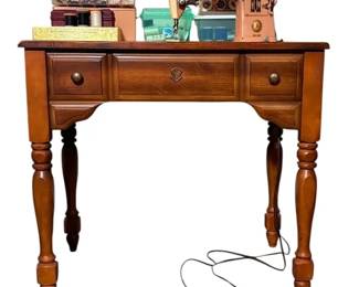 Vintage Singer Sewing Machine, Sewing Table, Boxes Of Thread And Other Sewing Notions