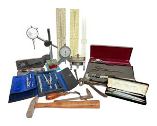 Vintage Tools Compasses, Calipers, Magnetic Stand,  More