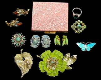 Vintage Brooches, Clip On Earrings, And Compact Mirror In Spring Colors