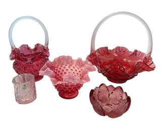 Fenton Cranberry Ruffled Glass Baskets, Opalescent Hobnail Bowl, More