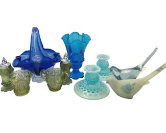 Fenton Blue Valencia Handkerchief Vase, Blue Opalescent Candle Holders, Birds, More 