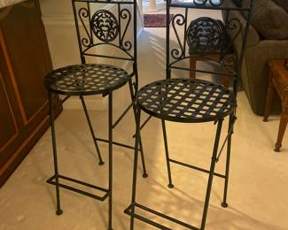 Pair of Vintage Wrought Iron Ornate French Folding Bar Stools