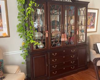 $1475.00 Dining Set - White Furniture Company of North Carolina Cherry 2 Pedestal Dining Table, Brass Claw Feet with 2 Leaves Seats 8, Includes 4 Chairs & 2 Captain Chairs, Buffet China Cabinet Table Dimensions: 6’ x 46” w/ leaves 8’ 4” Cabinet Dimensions:  80” x 26”d x 88”h