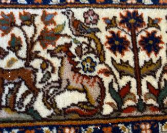 $695.00 - Hand woven oriental carpet. Hunt scene in excellent condition 60+ years old. 72”&48”