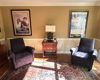 $575.00 - Antique English Oak Jacobean-style Sofa Table With Hidden Drawer; $110.00/Each - Contemporary Microsuede Armchairs