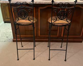 Pair of Vintage Wrought Iron Ornate French Folding Bar Stools
