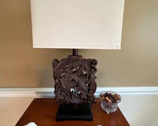 $76.00 - Carved Wooden  Table Lamp With Rectangular Shade 