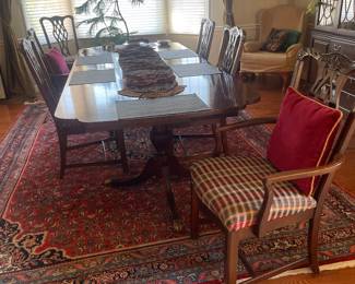 $1475.00 Dining Set - White Furniture Company of North Carolina Cherry 2 Pedestal Dining Table, Brass Claw Feet with 2 Leaves Seats 8, Includes 4 Chairs & 2 Captain Chairs, Buffet China Cabinet Table Dimensions: 6’ x 46” w/ leaves 8’ 4” Cabinet Dimensions:  80” x 26”d x 88”h